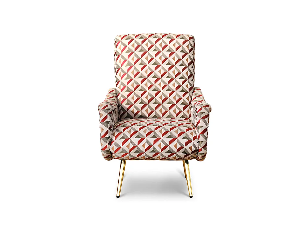 Poltrona design vintage in tessuto motivo geometrico gambe oro
