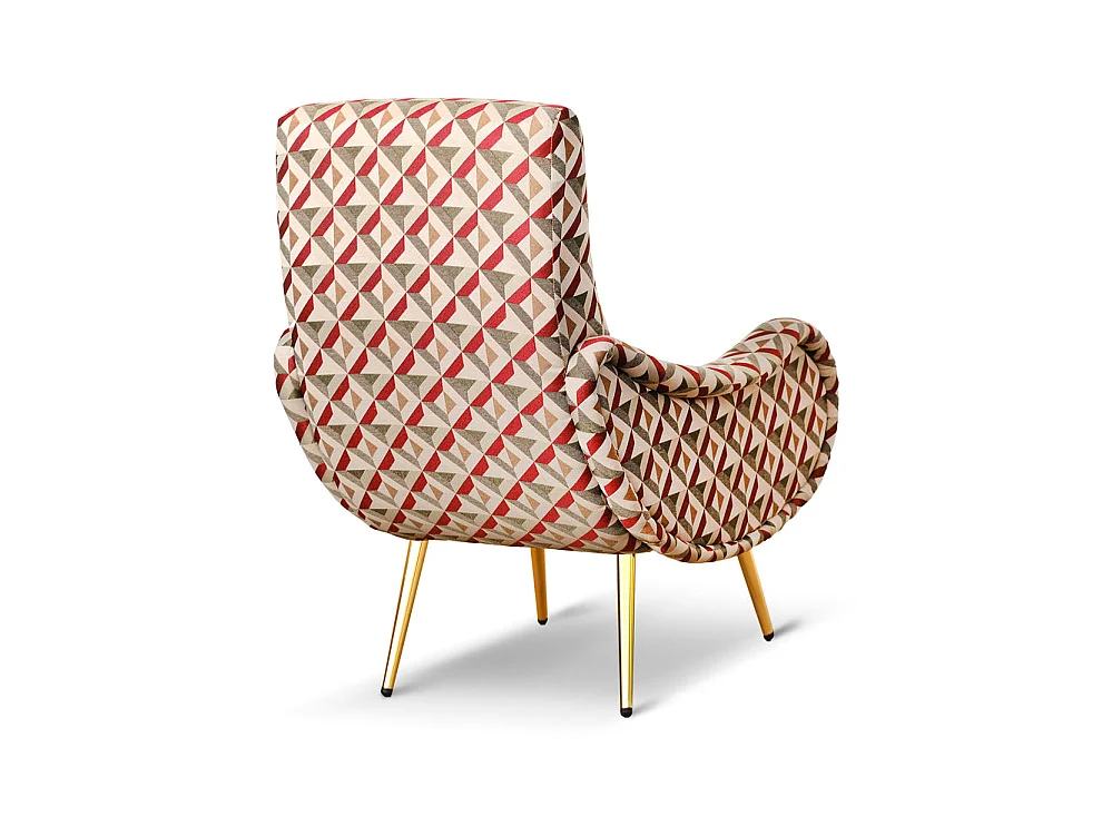 Poltrona design vintage in tessuto motivo geometrico gambe oro