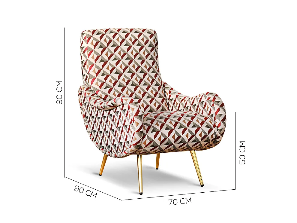 Poltrona design vintage in tessuto motivo geometrico gambe oro