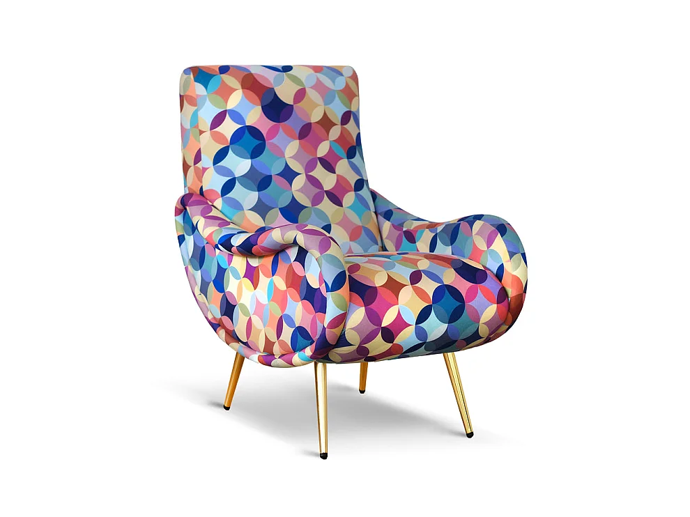 Poltrona design vintage in tessuto fantasia multicolor gambe oro