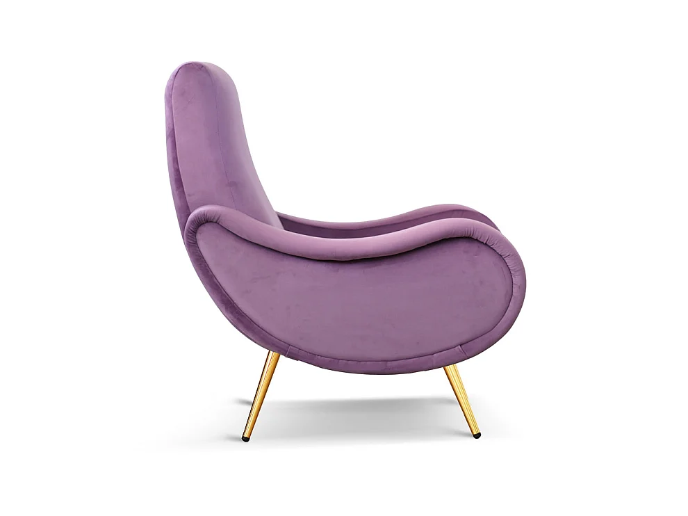 Poltrona design vintage in velluto lilla gambe oro