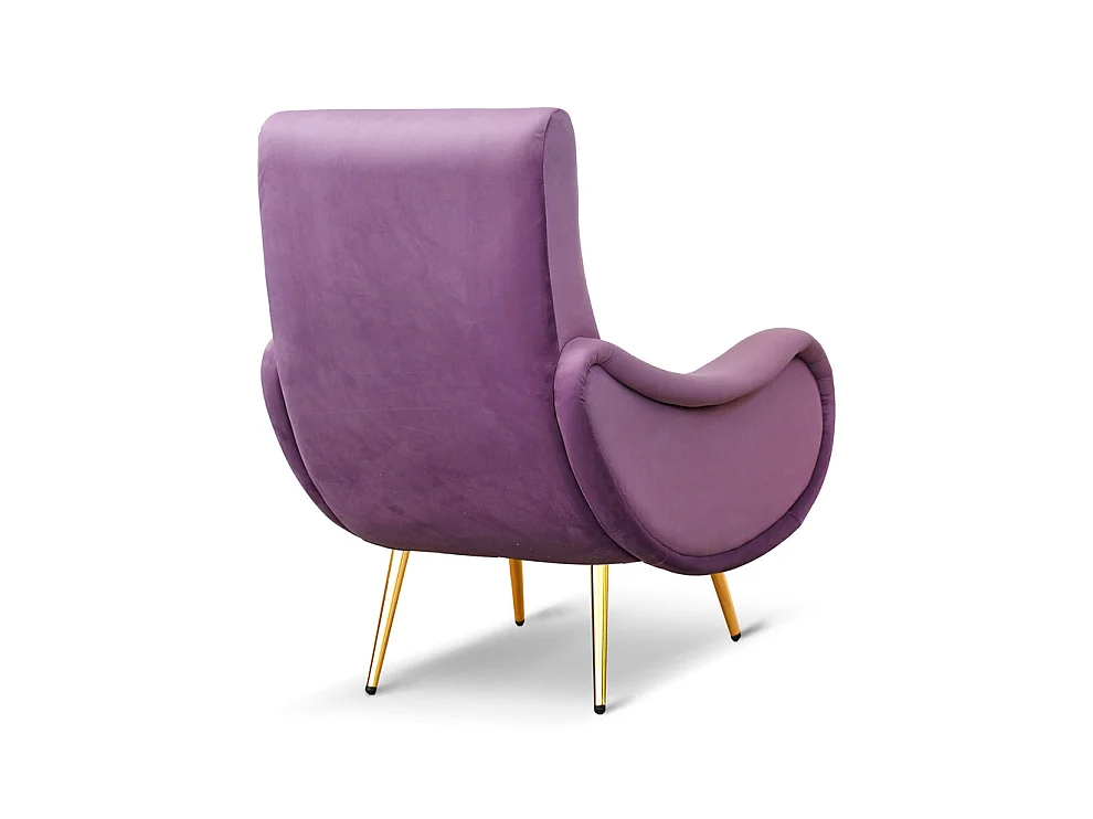 Poltrona design vintage in velluto lilla gambe oro