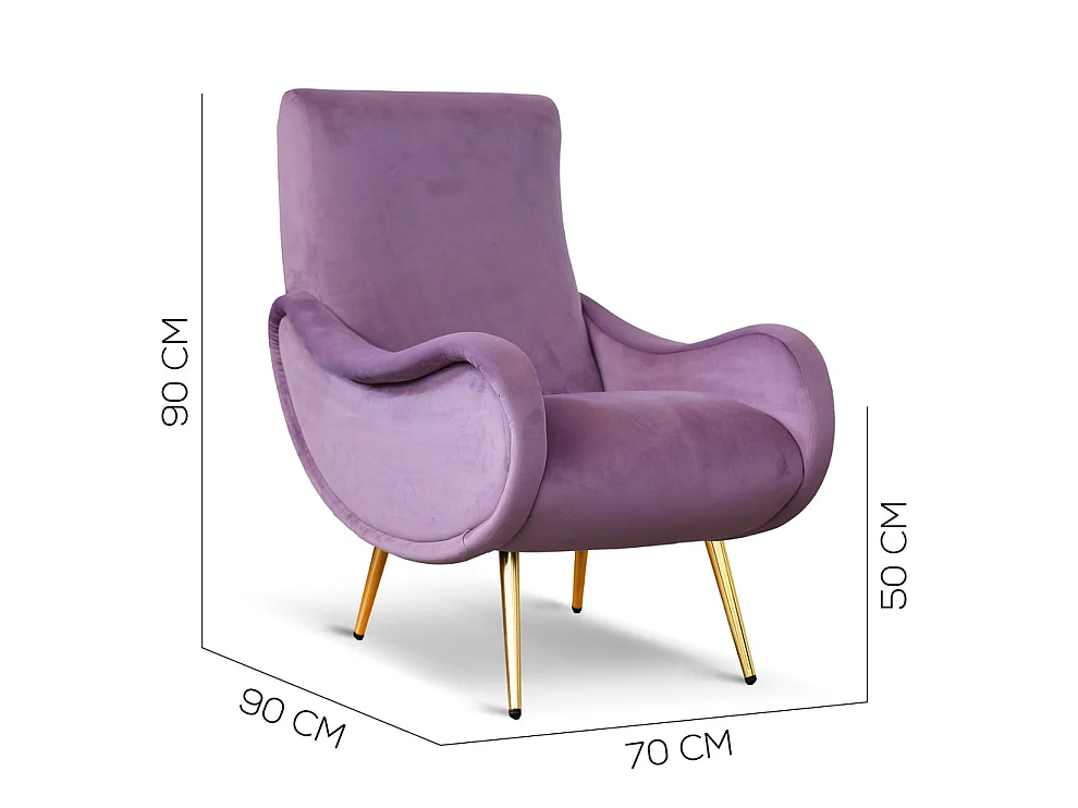 Poltrona design vintage in velluto lilla gambe oro
