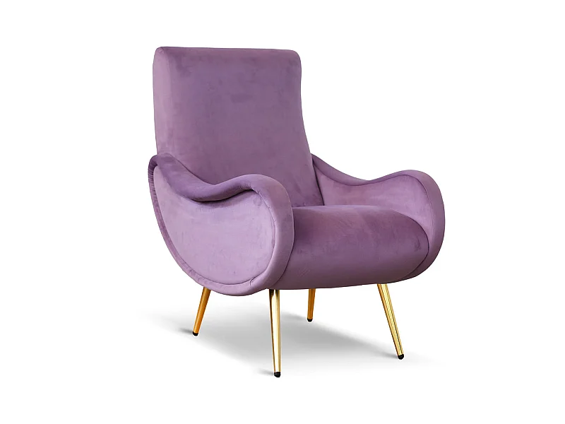 Poltrona design vintage in velluto lilla gambe oro