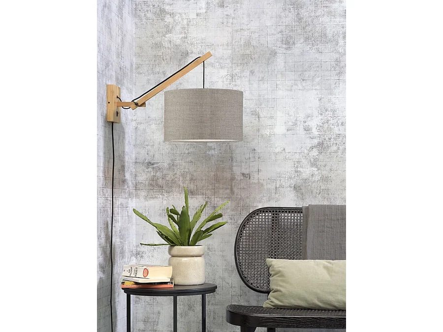 Applique murale en bambou marron avec abat-jour en lin foncé