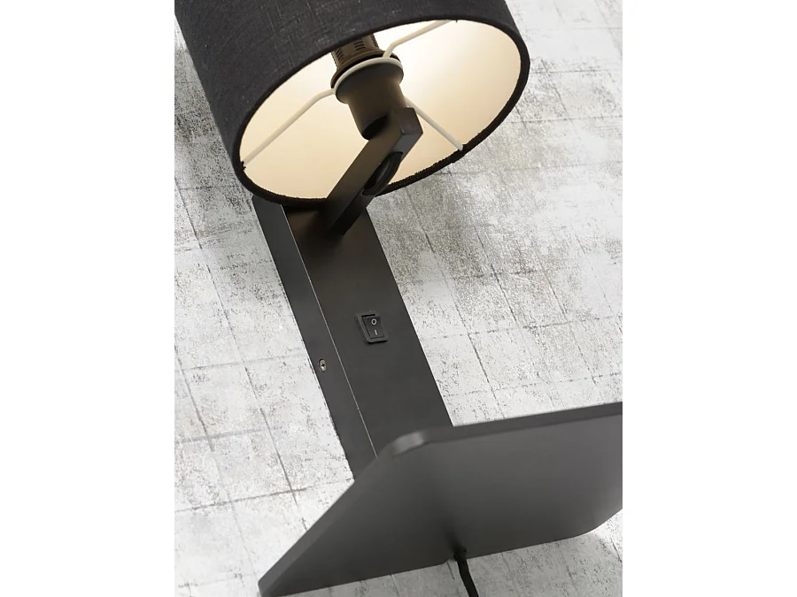 Applique murale en bambou noir avec étagère et abat-jour blanc