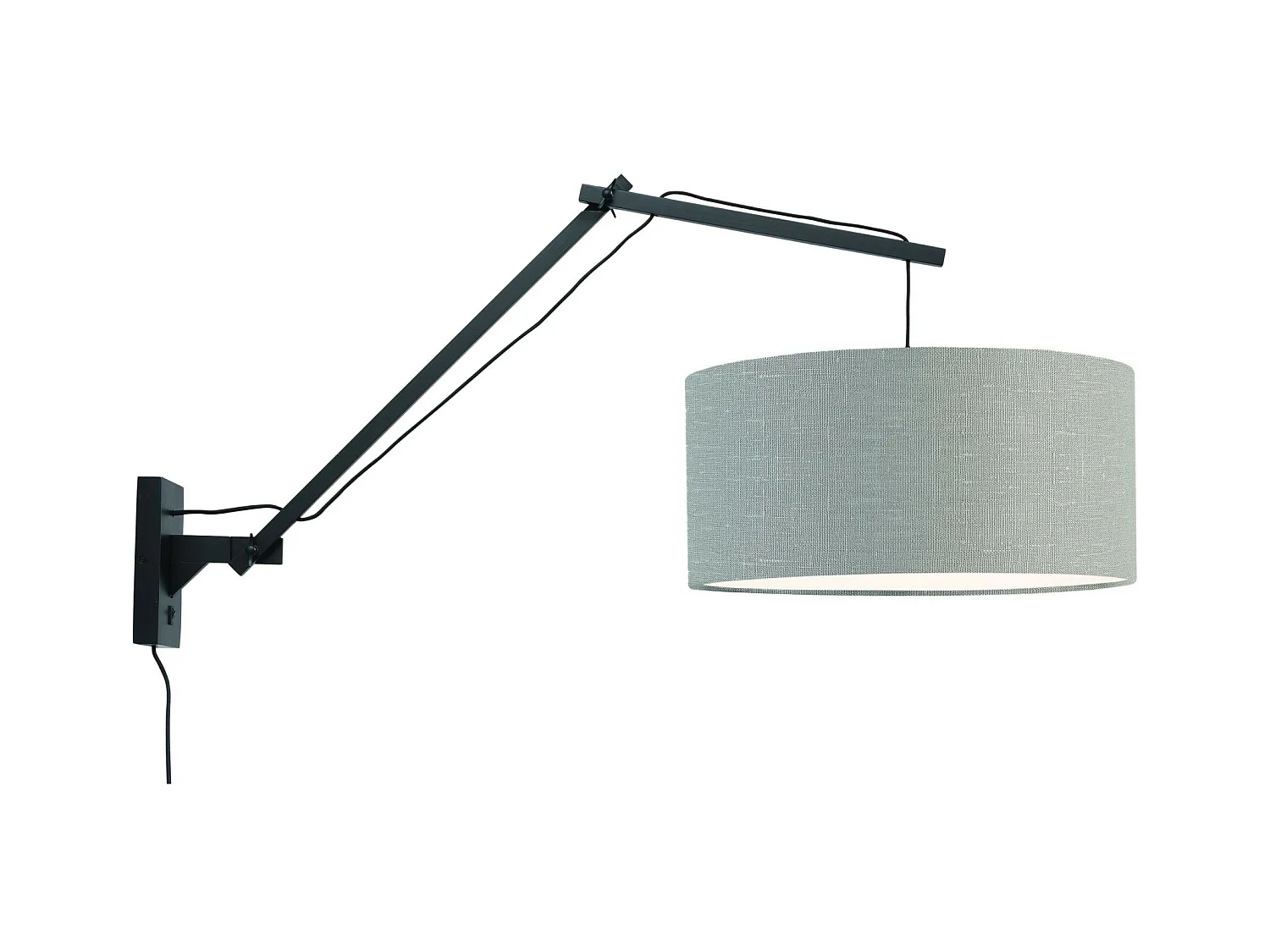 Zwarte bamboe wandlamp met lichtgrijze lampenkap