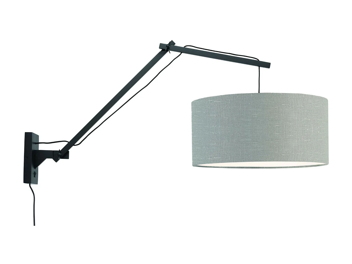 Zwarte bamboe wandlamp met lichtgrijze lampenkap