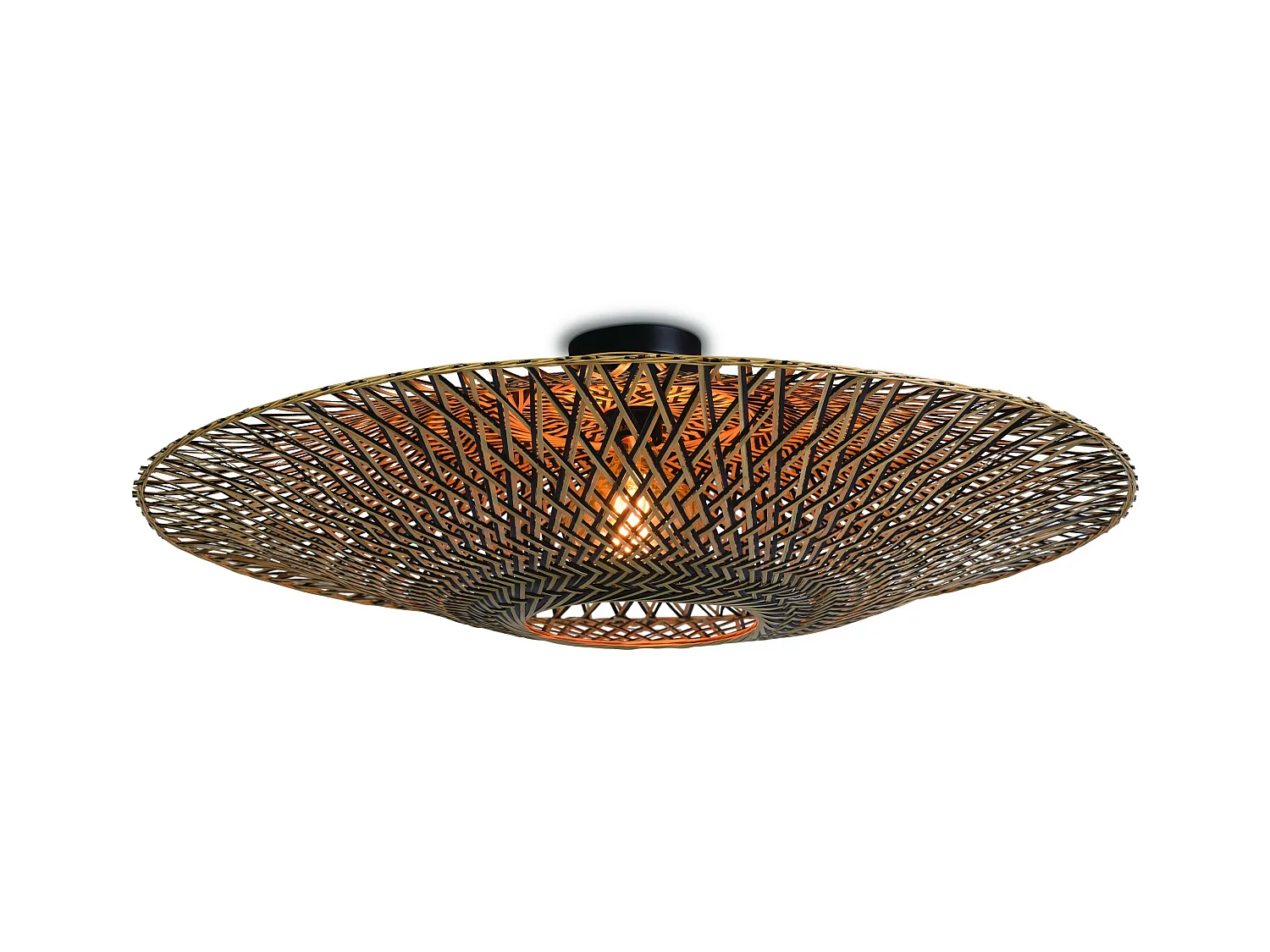 Plafoniera tonda in bamboo intrecciato marrone con base in metallo nero