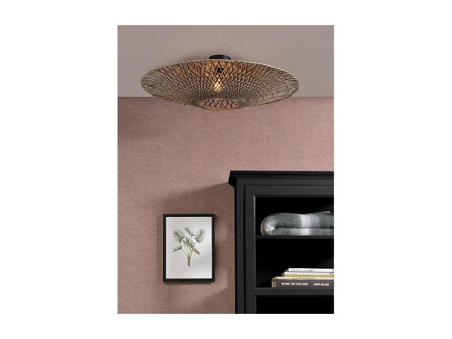 Plafoniera tonda in bamboo intrecciato marrone con base in metallo nero