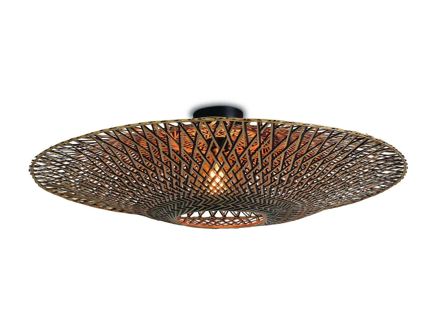 Plafonnier rond en bambou tressé marron avec pied en métal noir