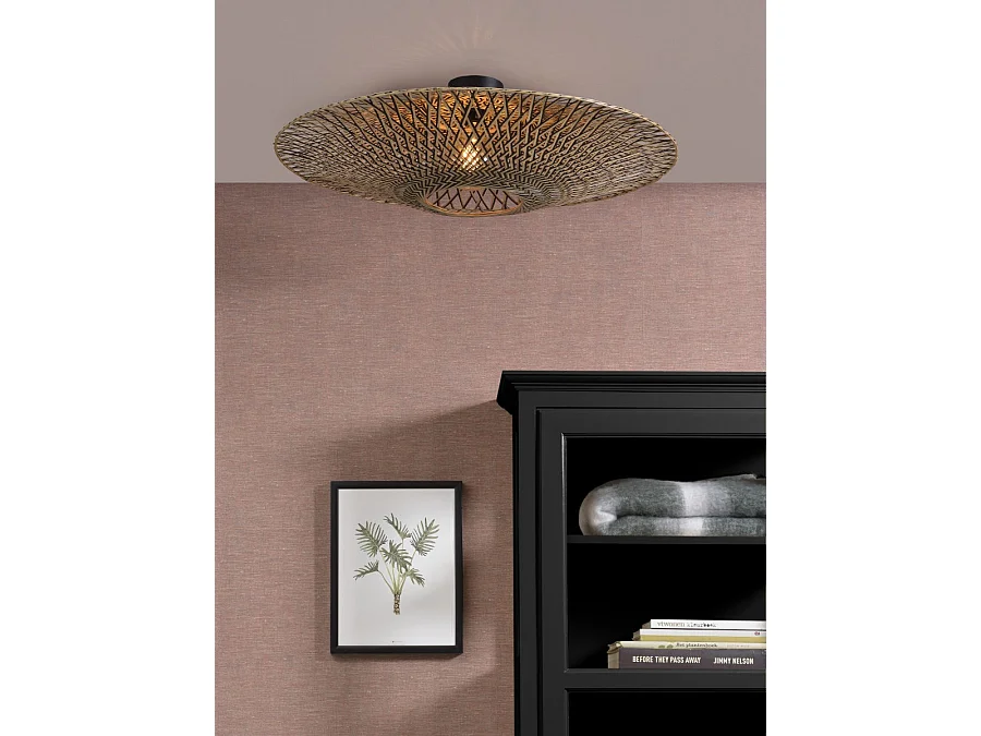 Plafonnier rond en bambou tressé marron avec pied en métal noir