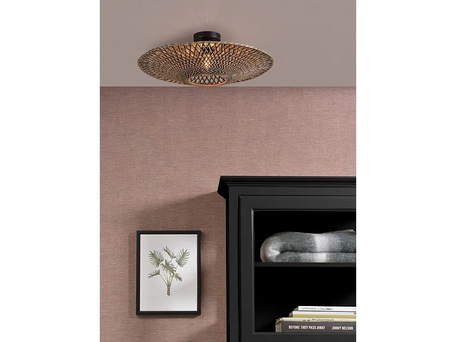 Plafonnier rond en bambou tressé marron avec pied en métal noir