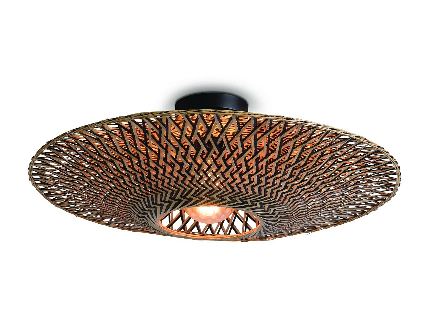 Ronde plafondlamp van bruin geweven bamboe met zwarte metalen voet
