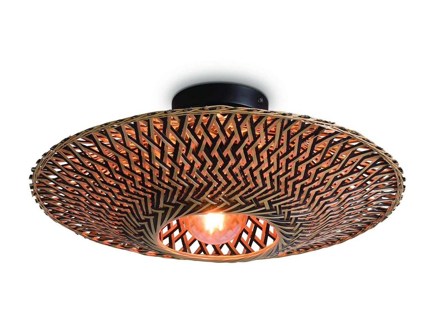 Plafonnier rond en bambou tressé marron avec pied en métal noir