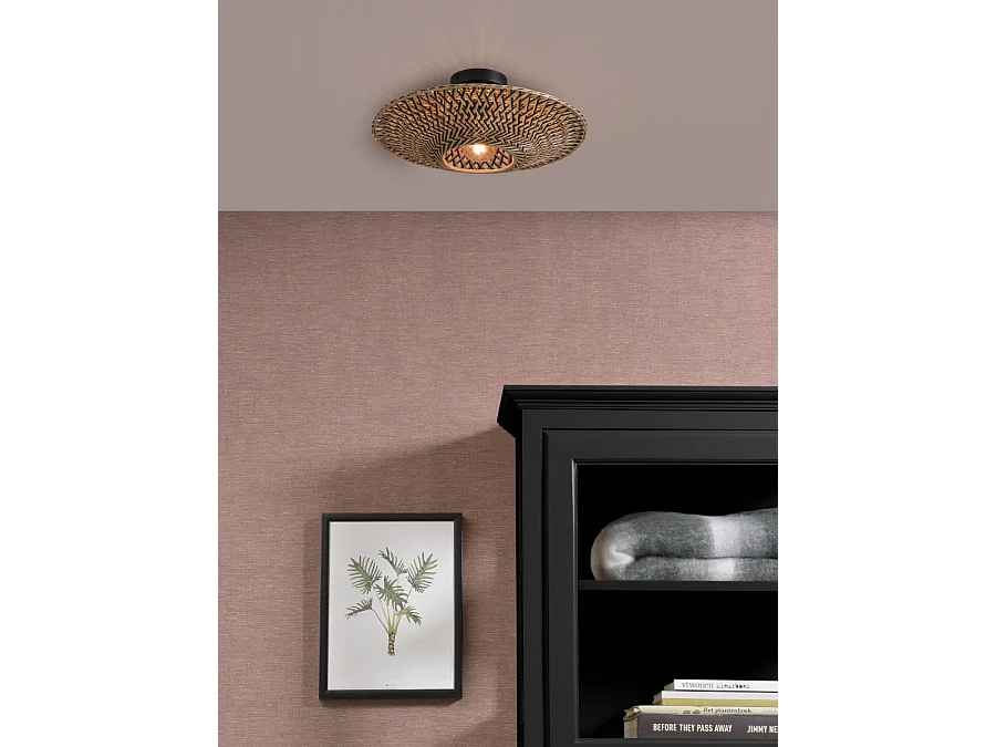 Plafonnier rond en bambou tressé marron avec pied en métal noir