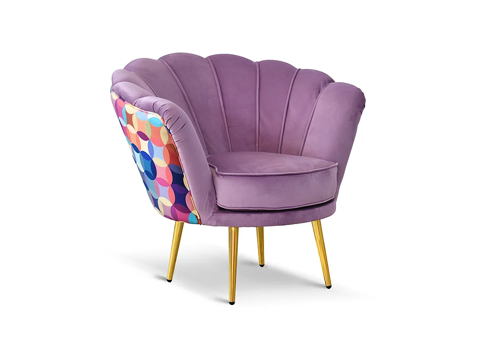 Poltrona in velluto lilla e microfibra multicolor, gambe oro