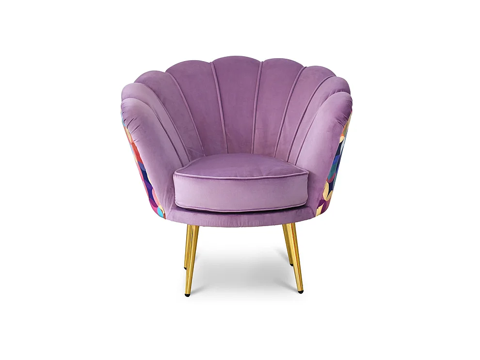 Poltrona in velluto lilla e microfibra multicolor, gambe oro