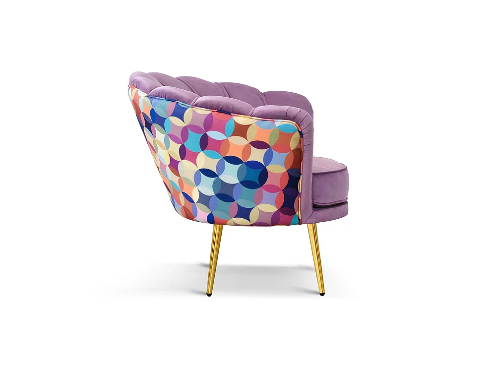 Poltrona in velluto lilla e microfibra multicolor, gambe oro