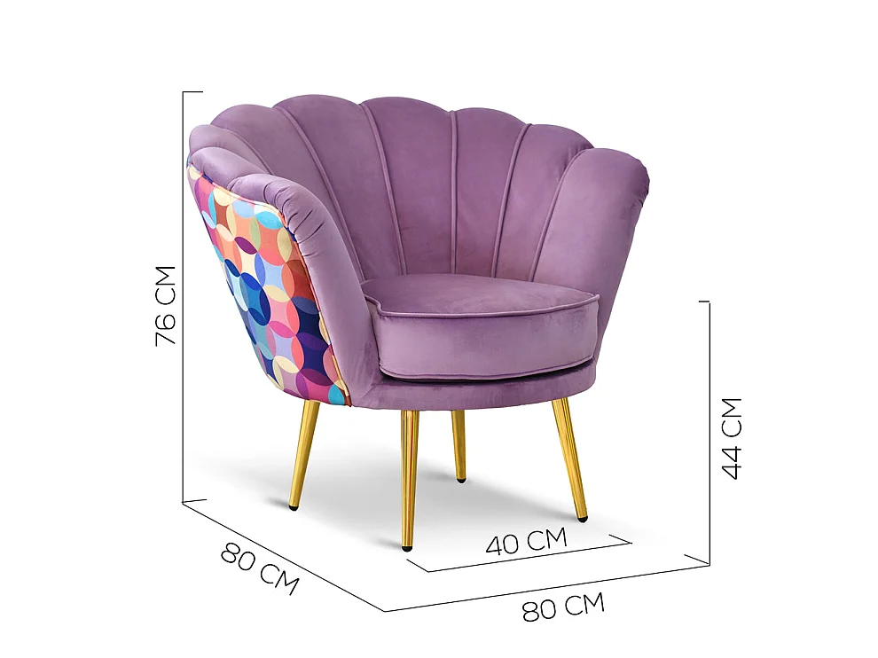 Poltrona in velluto lilla e microfibra multicolor, gambe oro