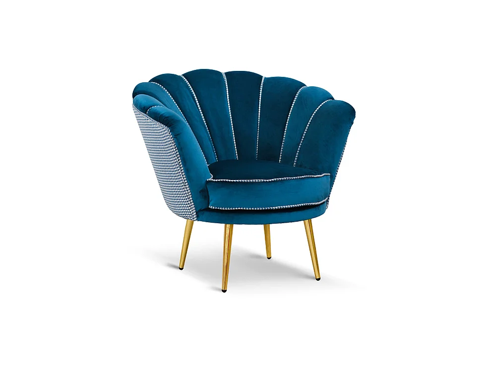Poltrona in velluto blu petrolio e tessuto pied de poule, gambe oro