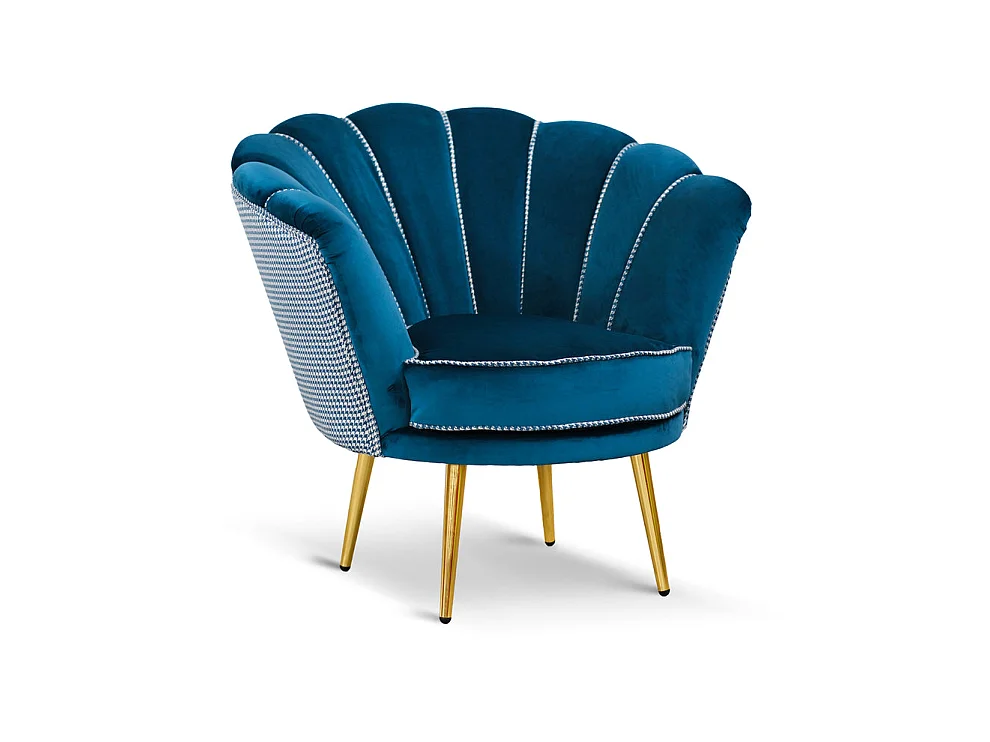 Poltrona in velluto blu petrolio e tessuto pied de poule, gambe oro