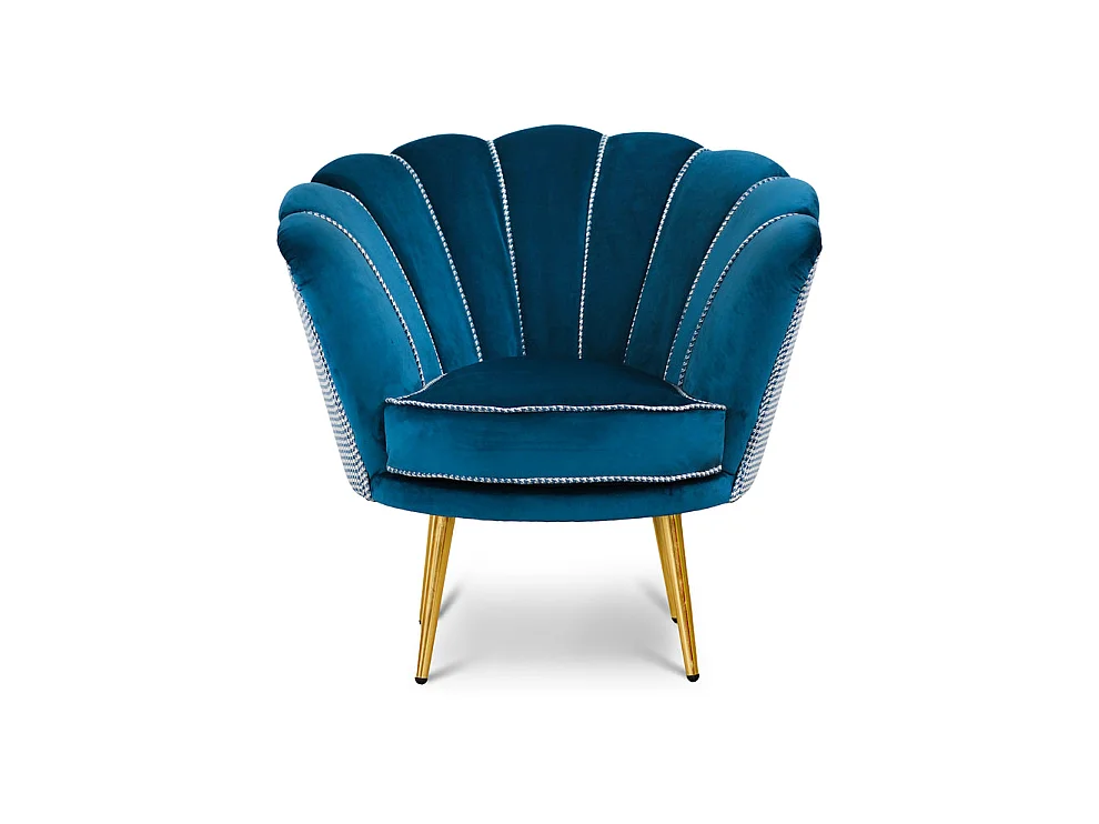 Poltrona in velluto blu petrolio e tessuto pied de poule, gambe oro