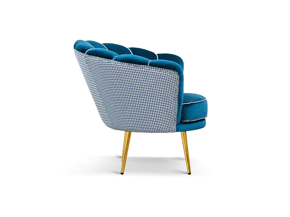 Poltrona in velluto blu petrolio e tessuto pied de poule, gambe oro