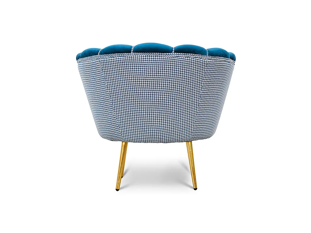 Poltrona in velluto blu petrolio e tessuto pied de poule, gambe oro