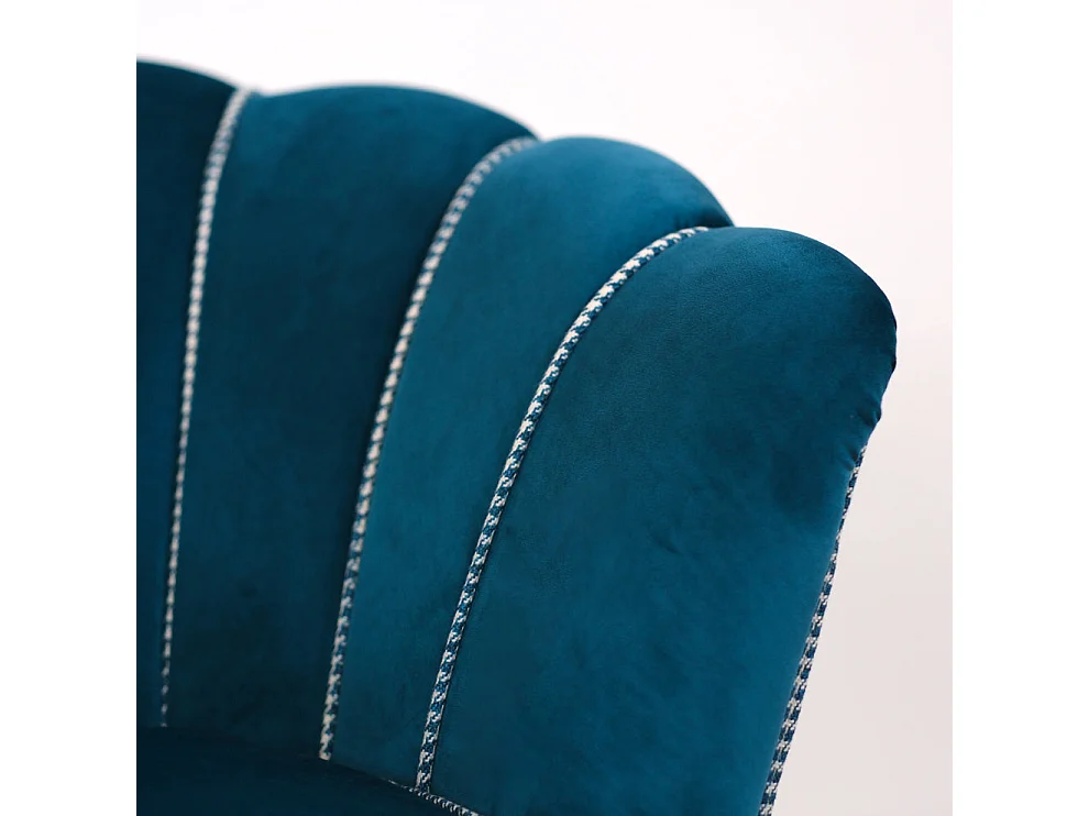 Poltrona in velluto blu petrolio e tessuto pied de poule, gambe oro