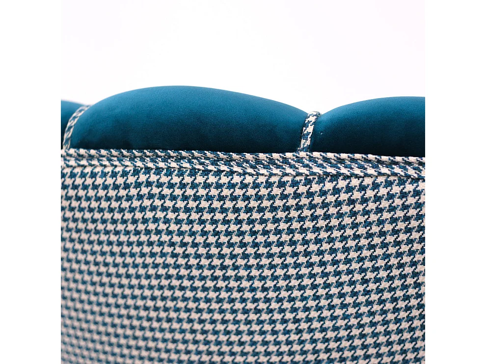 Poltrona in velluto blu petrolio e tessuto pied de poule, gambe oro