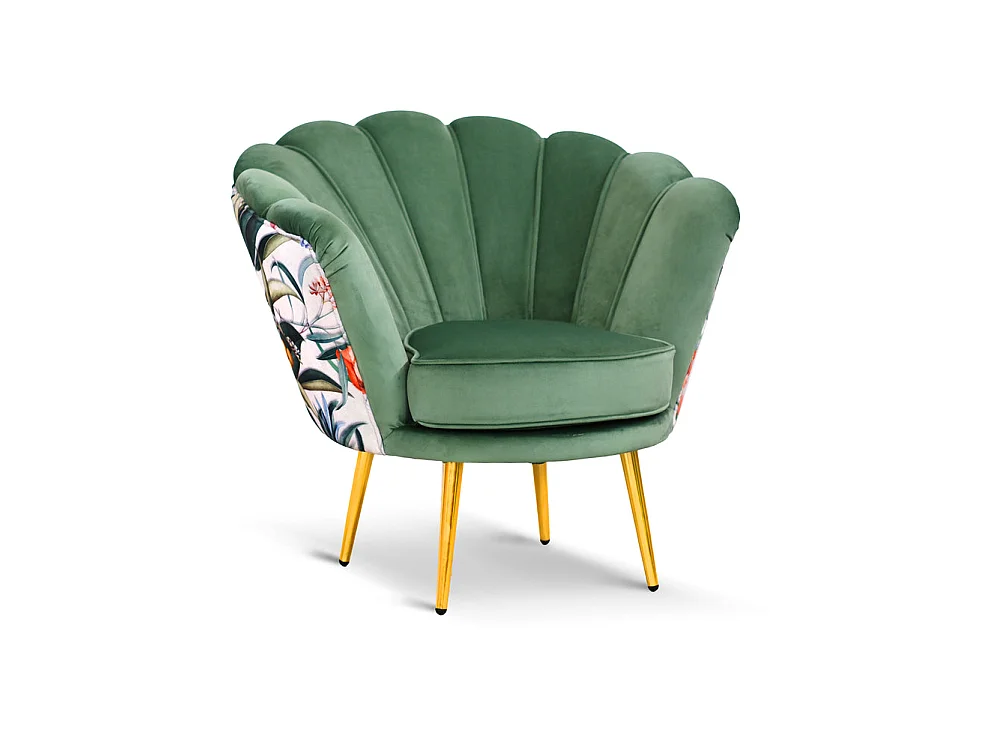 Poltrona in velluto verde menta e microfibra fiorata, gambe oro