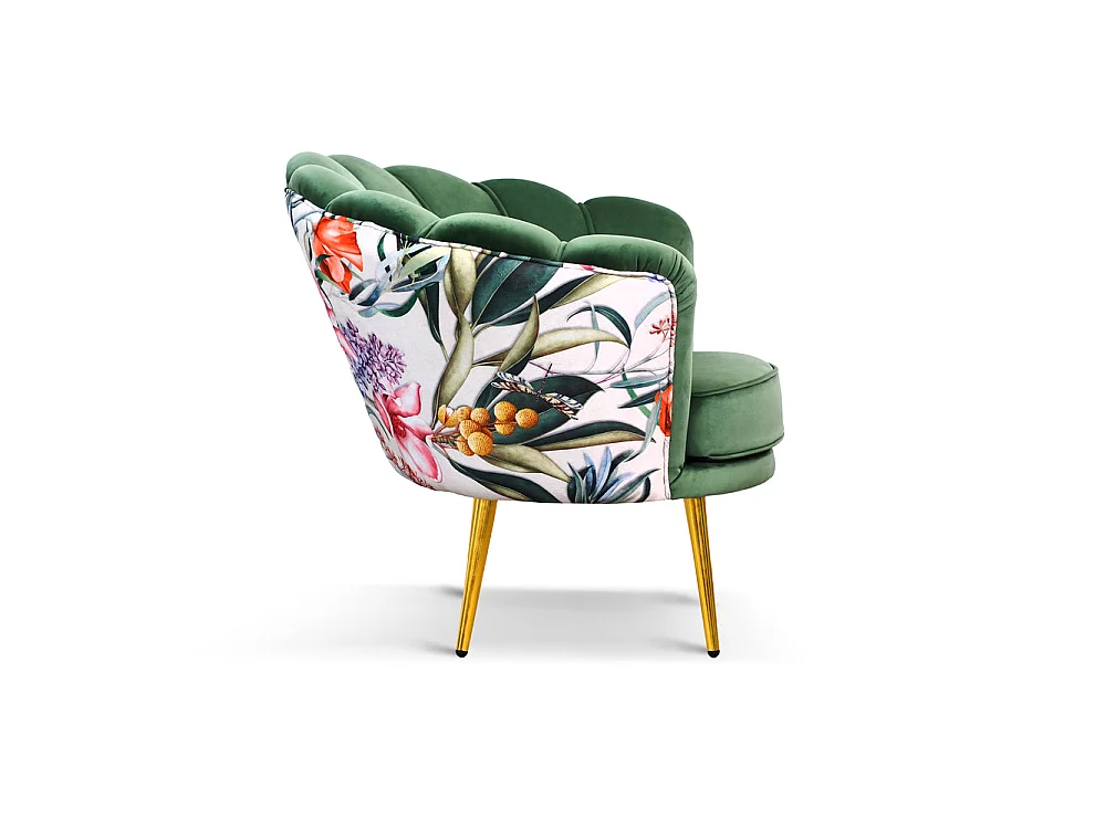 Poltrona in velluto verde menta e microfibra fiorata, gambe oro