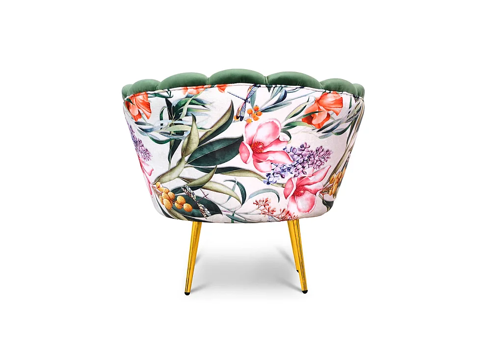 Poltrona in velluto verde menta e microfibra fiorata, gambe oro