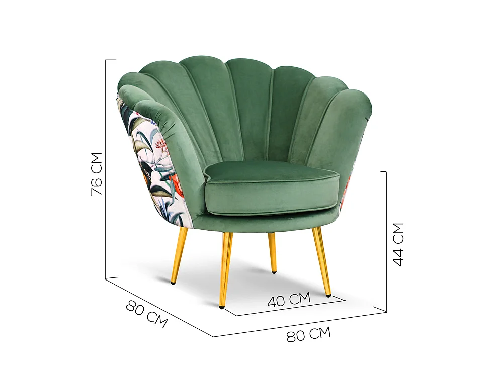 Poltrona in velluto verde menta e microfibra fiorata, gambe oro