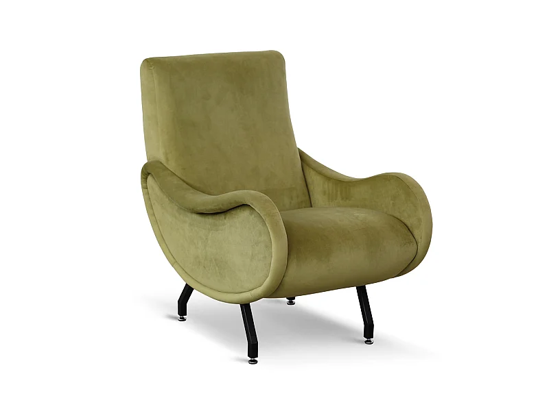 Poltrona design vintage in velluto verde salvia gambe nere