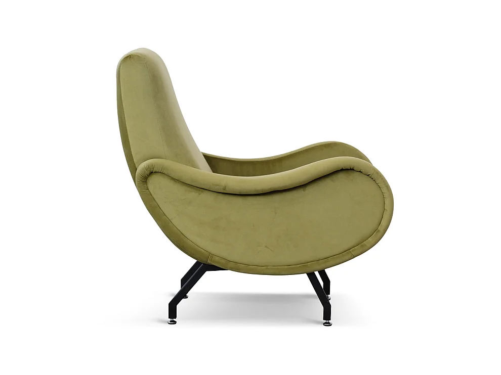 Poltrona design vintage in velluto verde salvia gambe nere