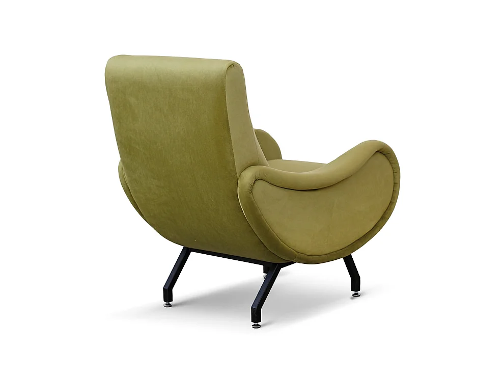 Poltrona design vintage in velluto verde salvia gambe nere