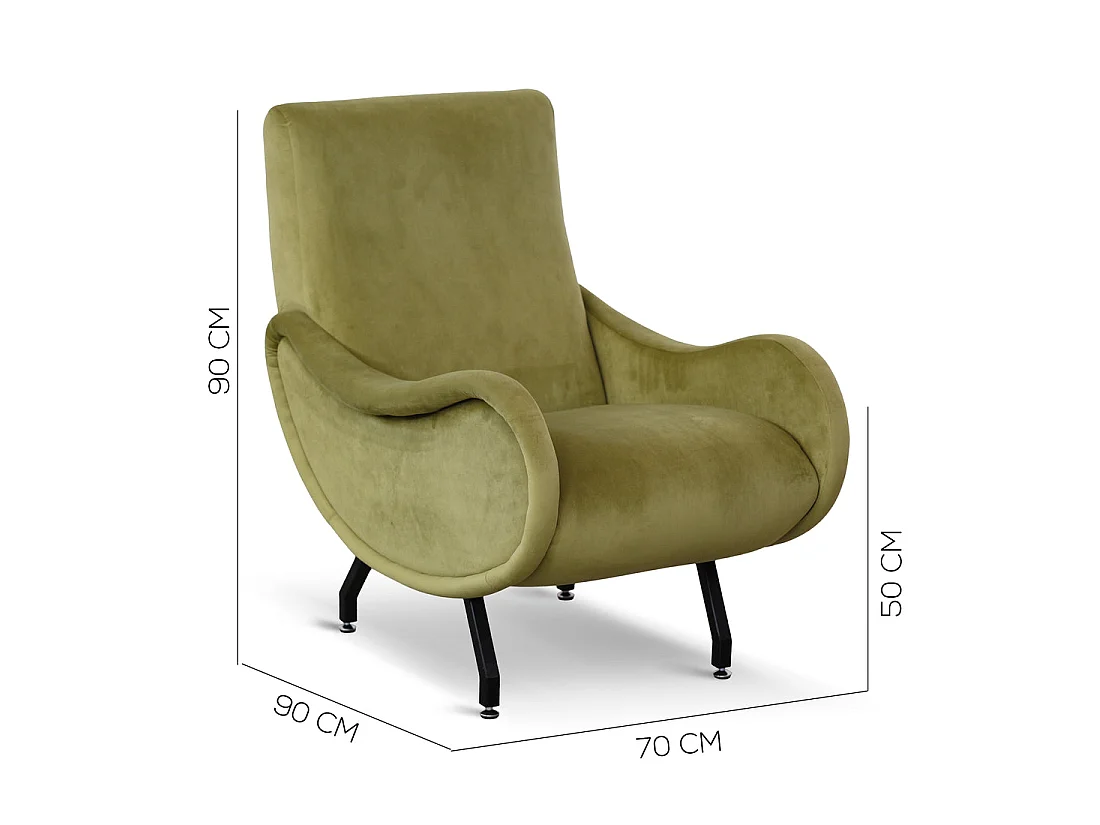 Poltrona design vintage in velluto verde salvia gambe nere