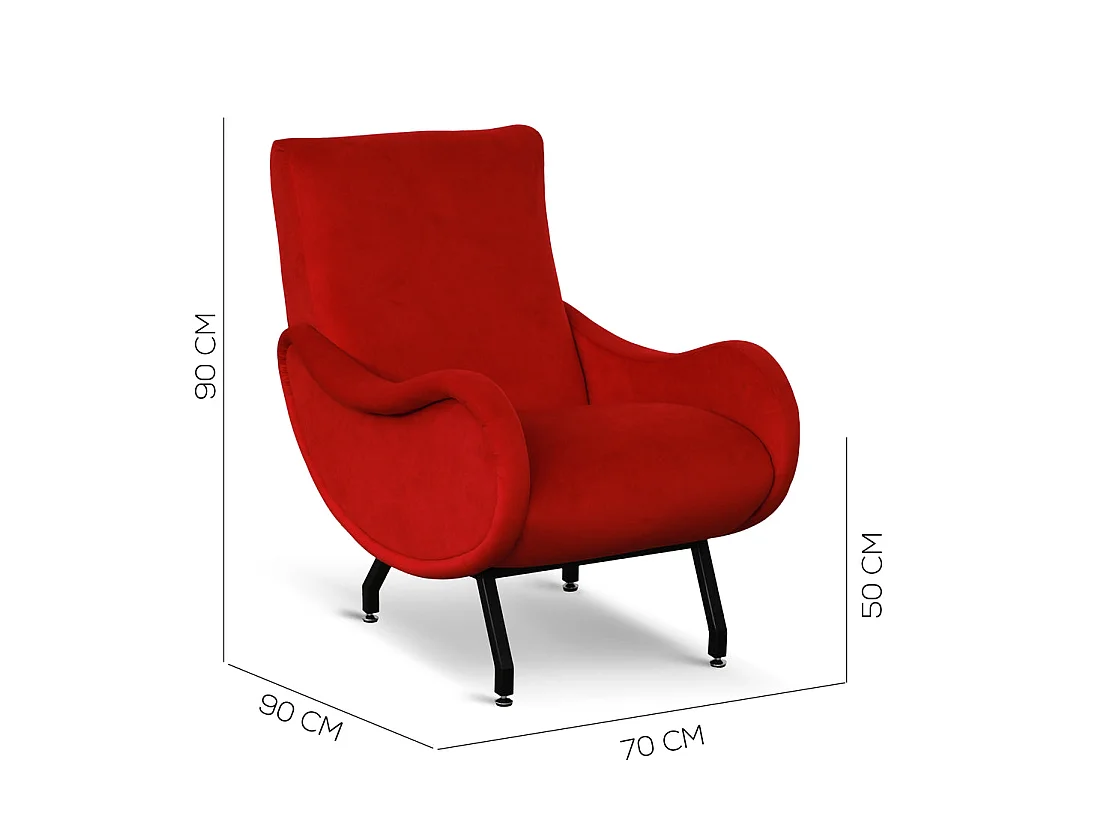 Poltrona design vintage in velluto rosso gambe nere