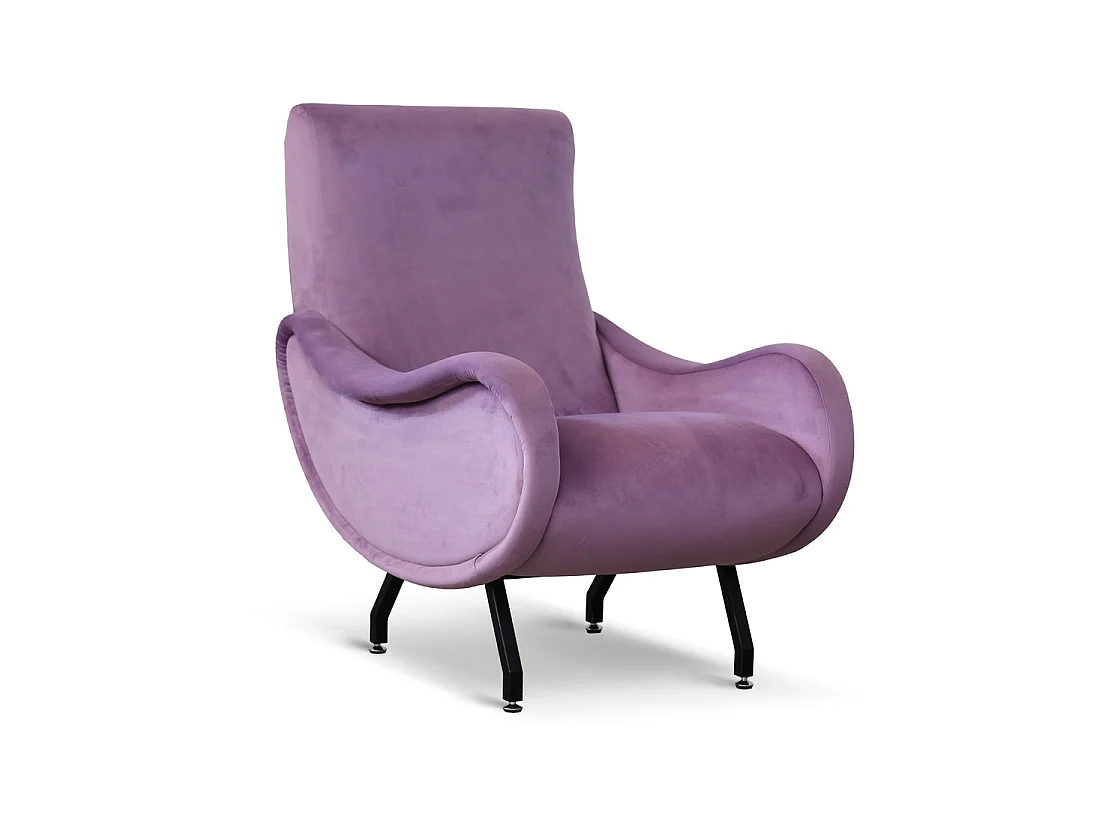 Poltrona design vintage in velluto lilla gambe nere