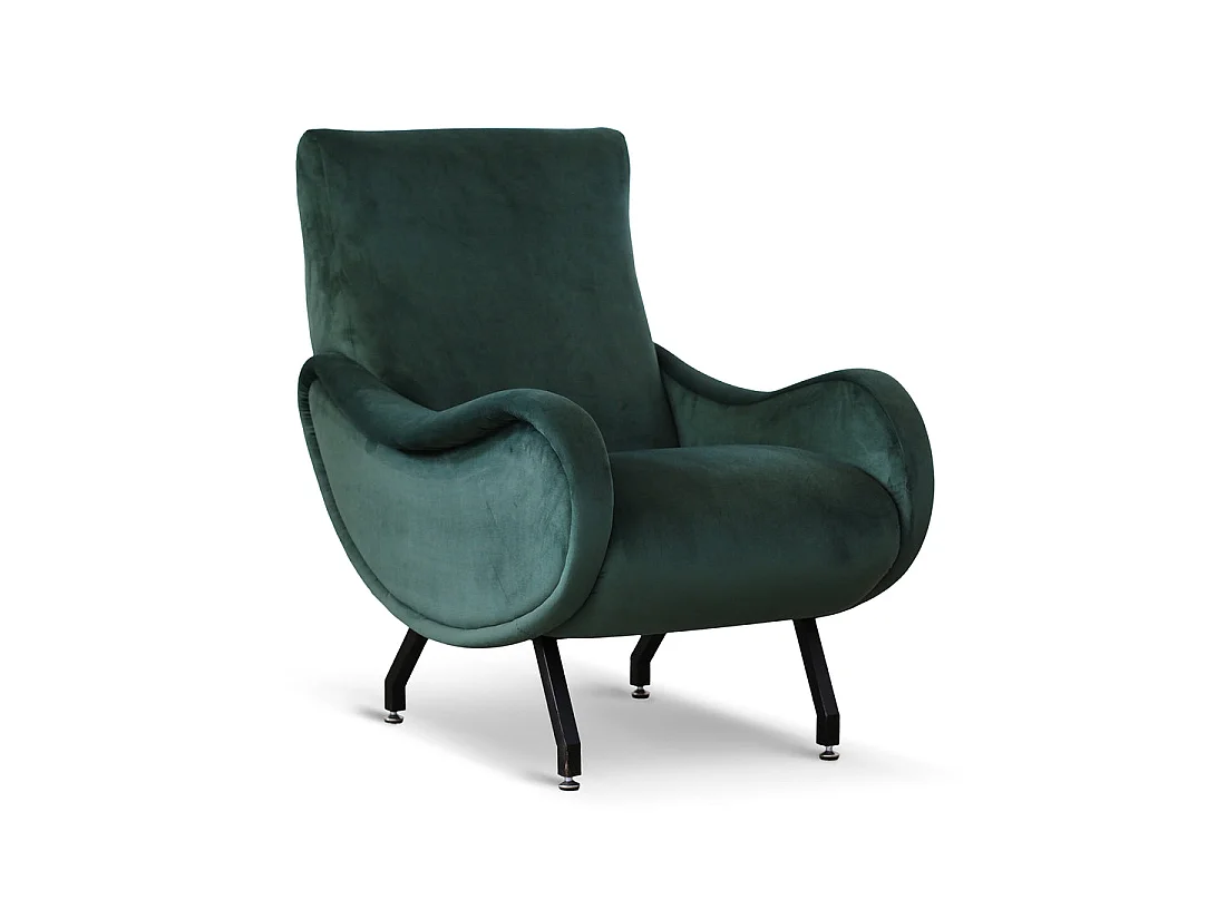 Poltrona design vintage in velluto verde foresta gambe nere