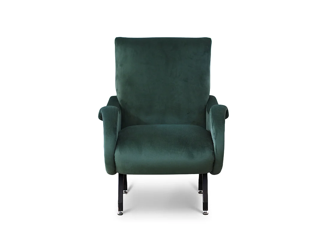 Poltrona design vintage in velluto verde foresta gambe nere