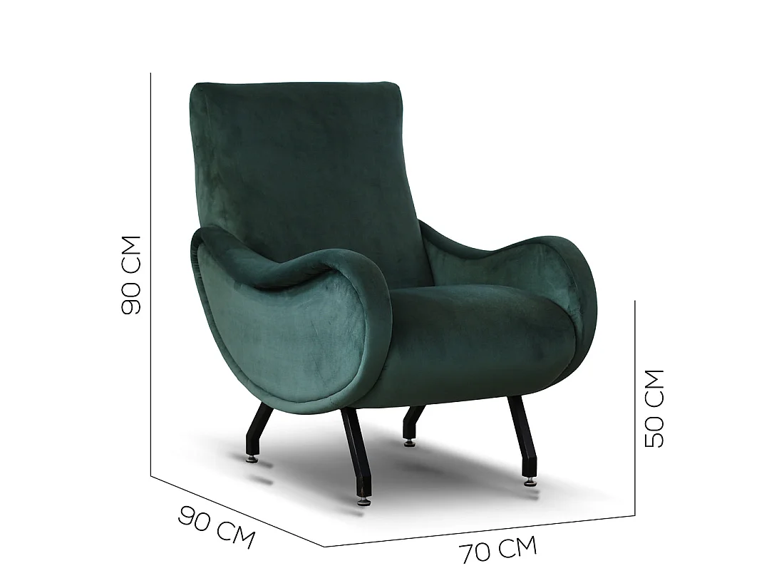 Poltrona design vintage in velluto verde foresta gambe nere