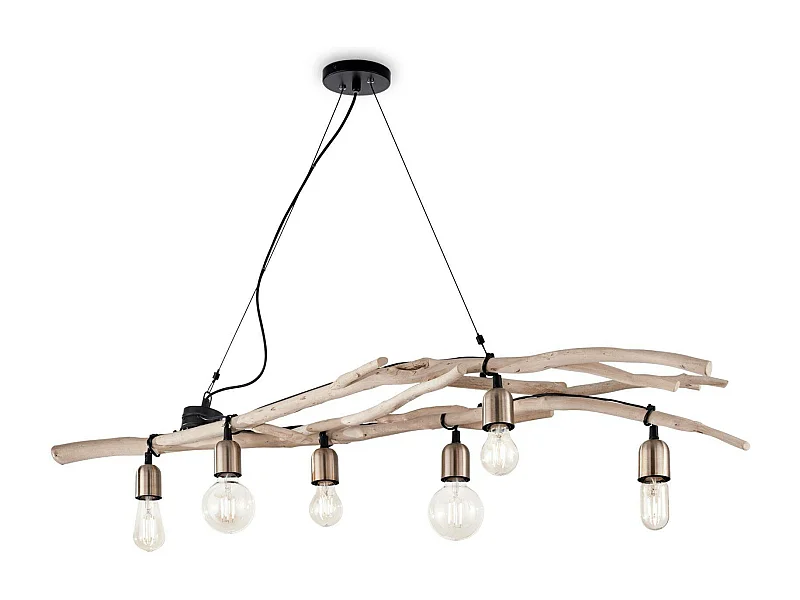 Ideal Lux Driftwood - Barra colgante de 6 luces de madera clara, E27