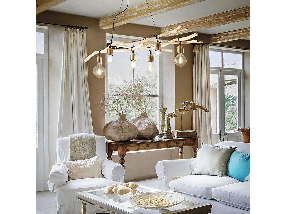 Ideal Lux Driftwood Luminaire suspendu à 6 lampes en bois, E27
