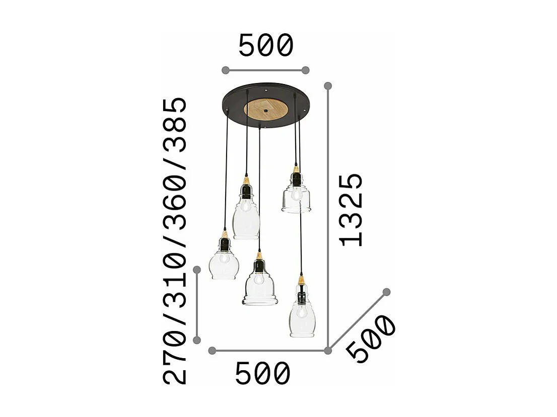 Ideal Lux Gretel - 5 licht Cluster Anhänger Schwarz mit Klarglasschirmen, E27