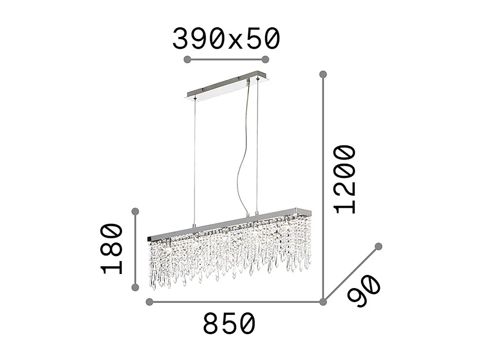 Rechthoekige hanglamp van verchroomd metaal met kristallen