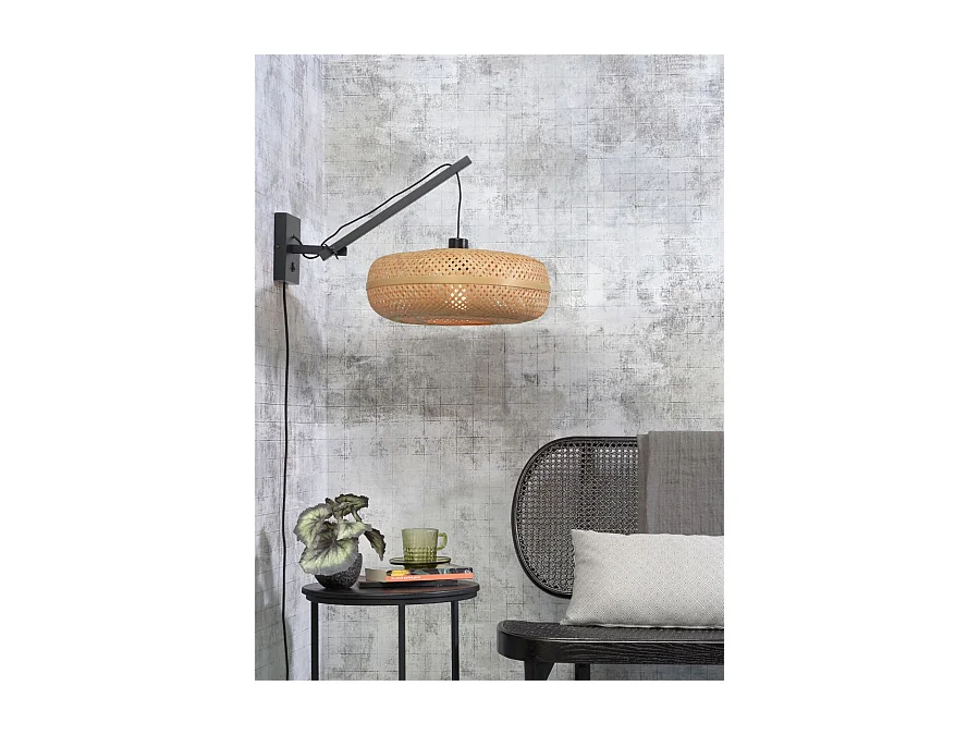 Applique en bambou avec bras noir et abat-jour marron