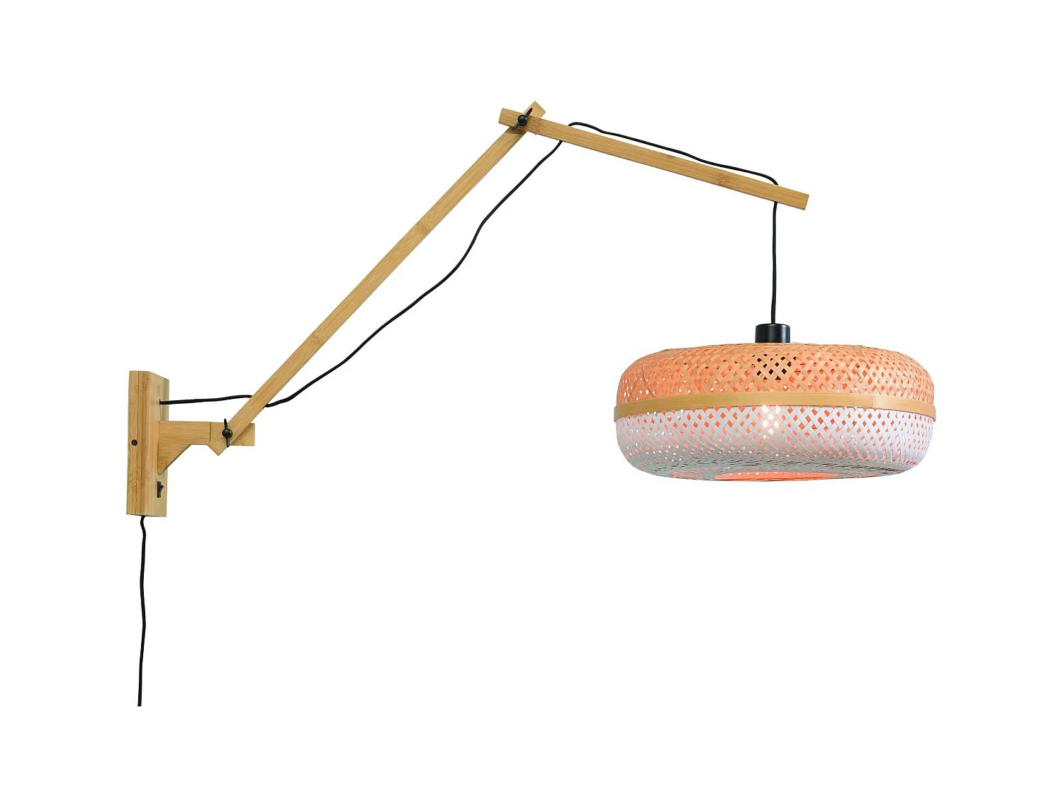 Applique murale en bambou marron avec bras et abat-jour bicolores